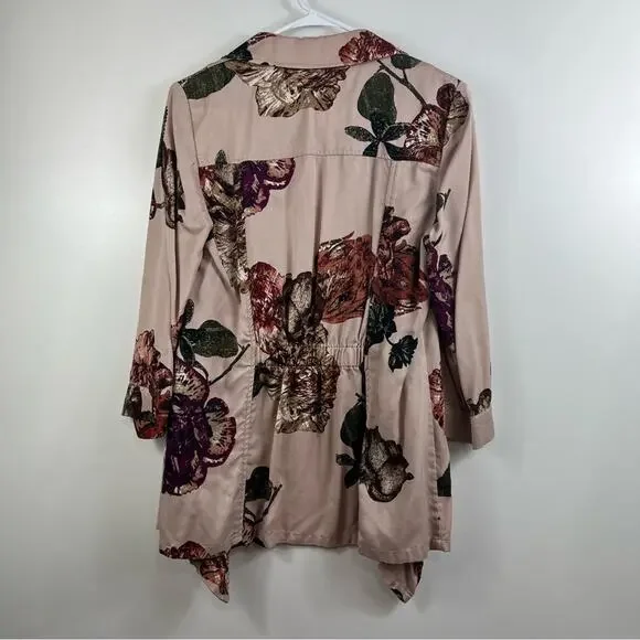 Romantic Pink Floral Ruffle Chico's Open Front Cinched Back Jacket Small Spring - Picture 6 of 12